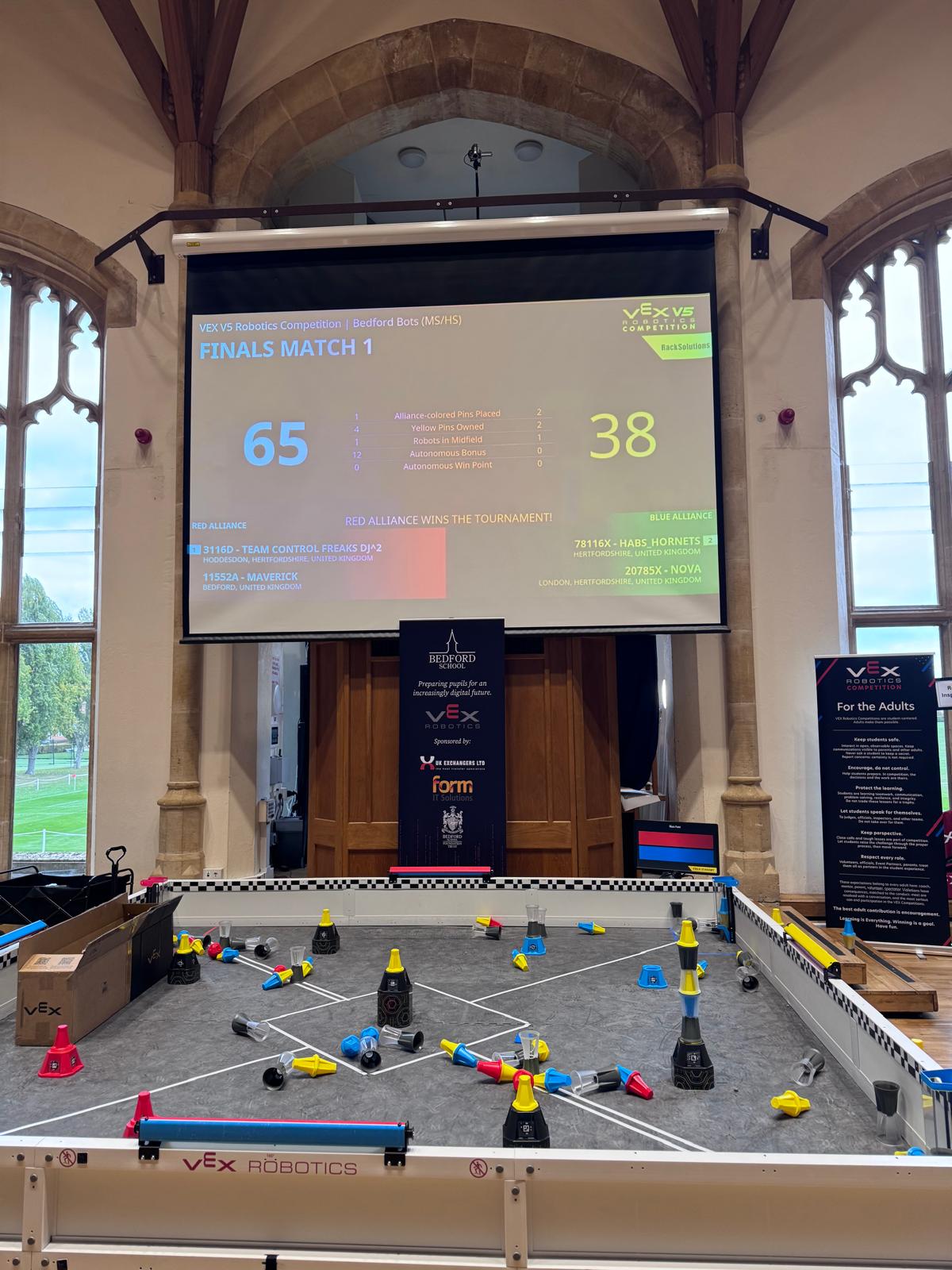 VEX Robotics final match scoreboard showing the red alliance winning 65–38